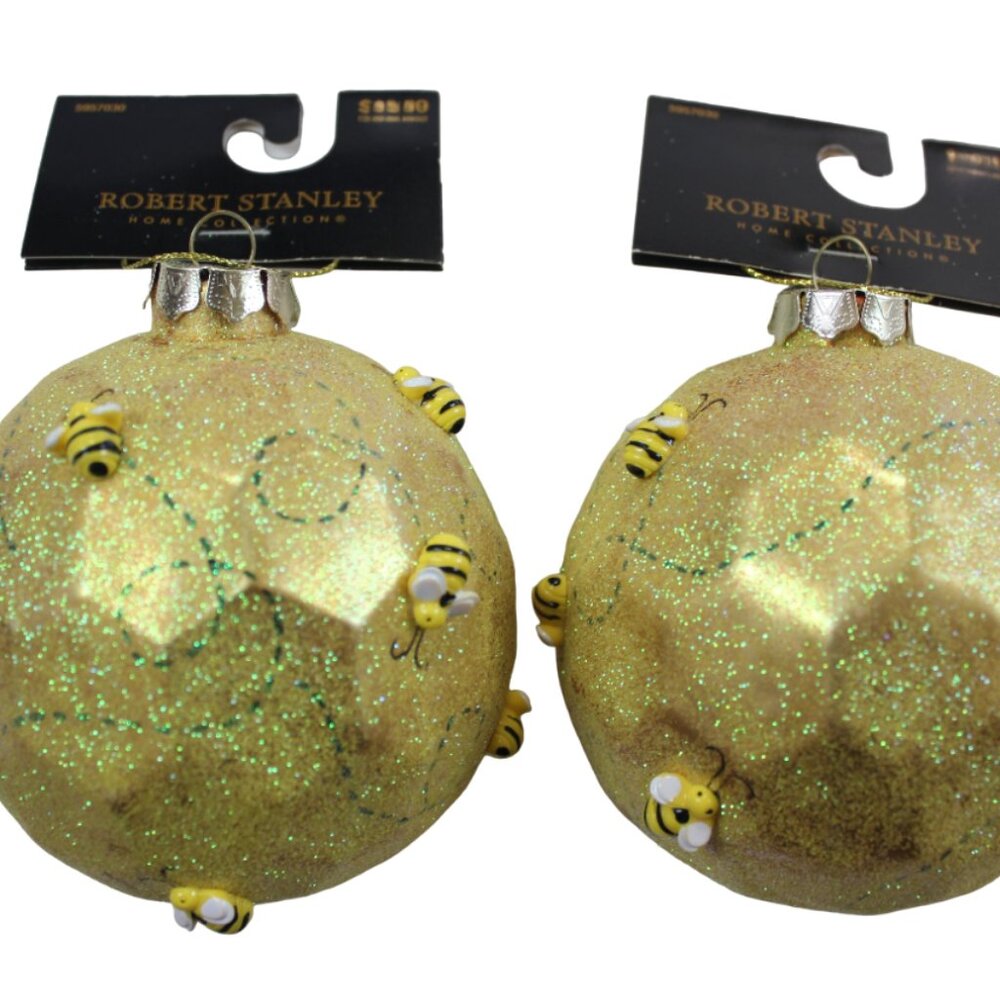 Robert Stanley Christmas Ornament Bumble Bee Glitter Ball Set Blown Glass 4" NWT
